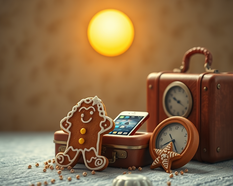 gingerbread, cell phone, sun, suitcase, clock